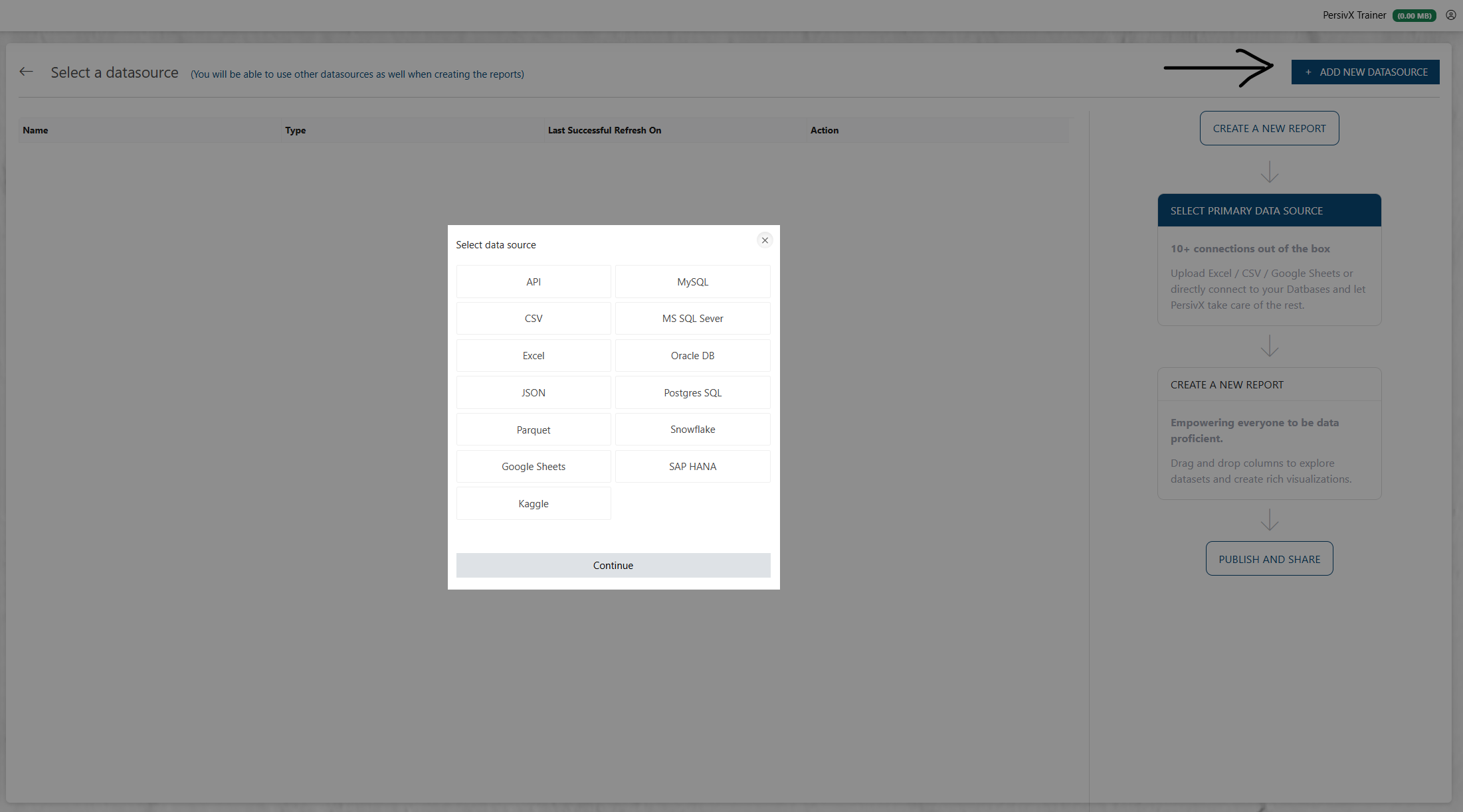Choosing a database as the new datasource type